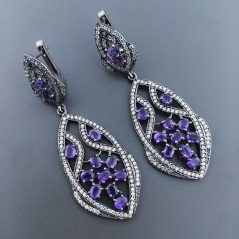Orecchini Di Argento 925 con Gemme di Ametista, Zircone a Perno Chiuso