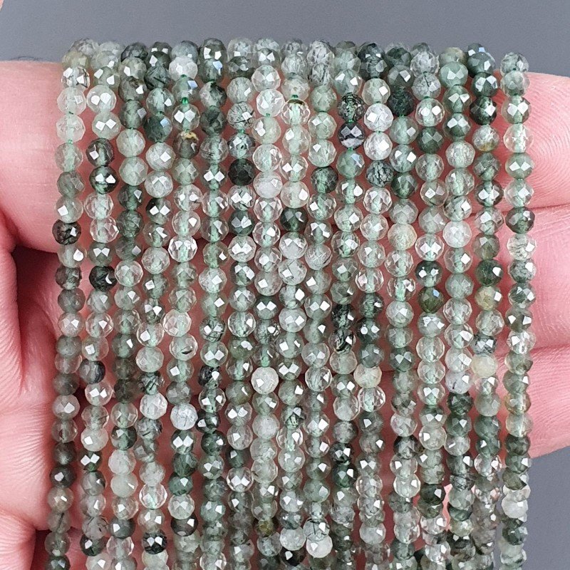 Quarzo Rutillato Verde Naturale Forma Tondo Taglia Diamante, Micro Sfaccettato Machine Cut 3,3mm