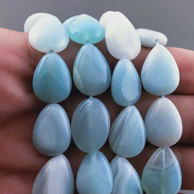 Agata Brasiliana Celeste Striata Perline Forma Goccia Piatto Liscio Foro Passante 13x18mm