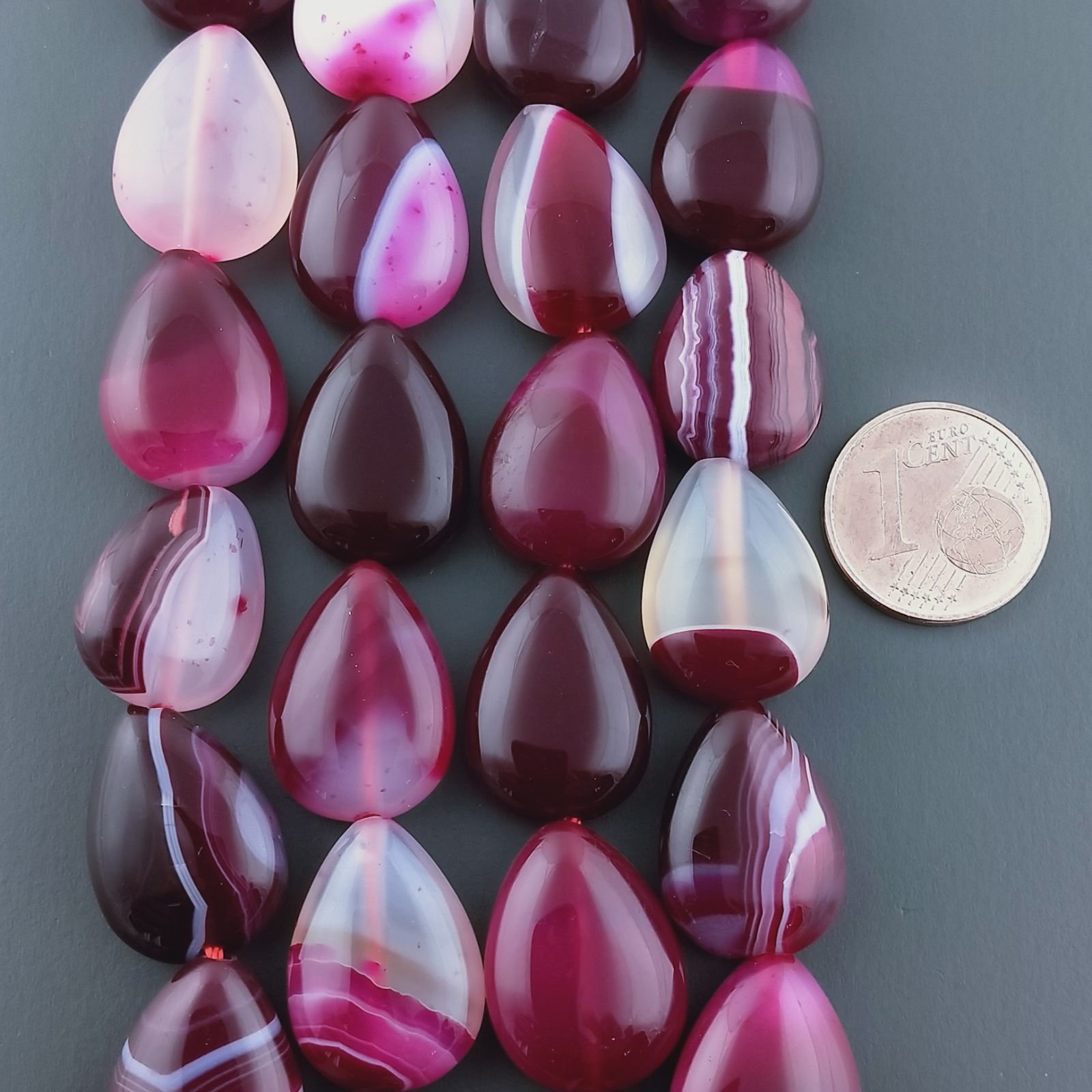 Agata Brasiliana Fucsia Striata Perline Forma Goccia Piatto Liscio Foro Passante 13x18mm