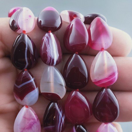 Agata Brasiliana Fucsia Striata Perline Forma Goccia Piatto Liscio Foro Passante 13x18mm