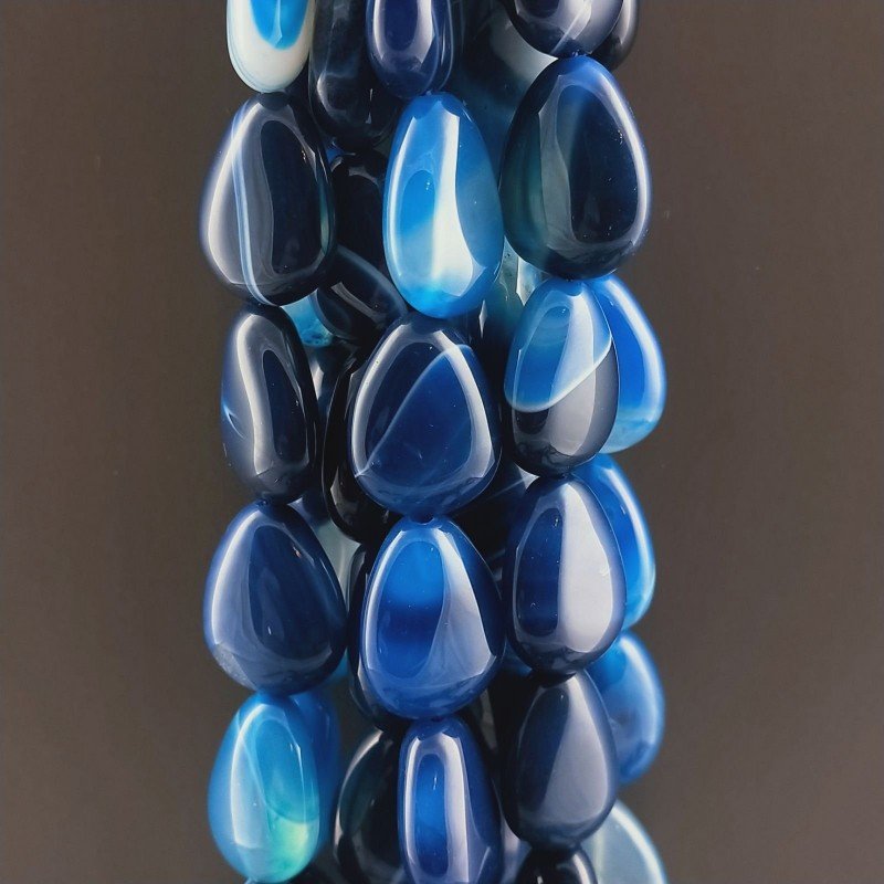 Agata Brasiliana Blu Striata Sfumata Perline Forma Goccia Patta Liscio Foro Passante 12x16mm