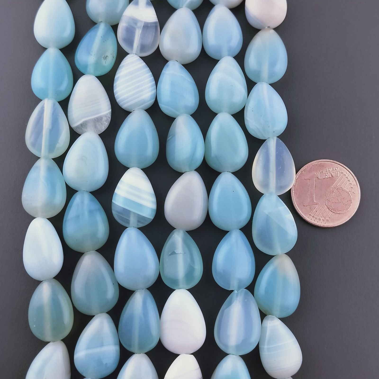Agata Brasiliana Celeste Perline Forma Goccia Piatto Liscio Foro Passante 10x14mm