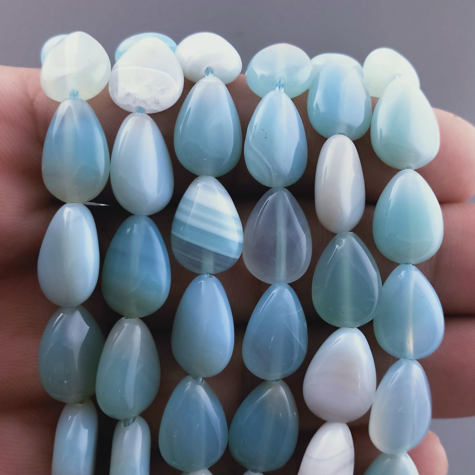 Agata Brasiliana Celeste Perline Forma Goccia Piatto Liscio Foro Passante 10x14mm