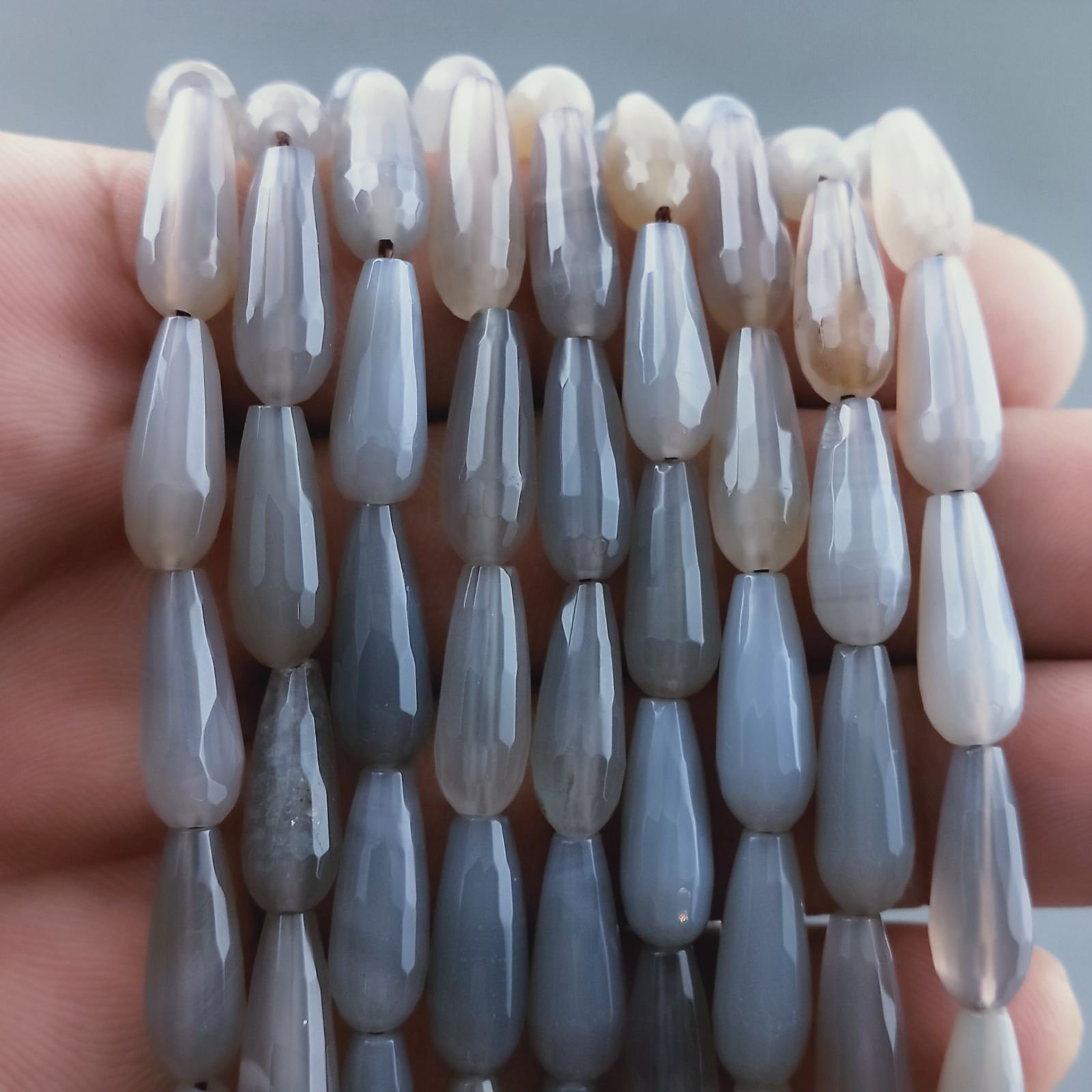 Agata Grigia Naturale Perline Forma Goccia Tondo Sfaccettato Foro Passante 16x6mm