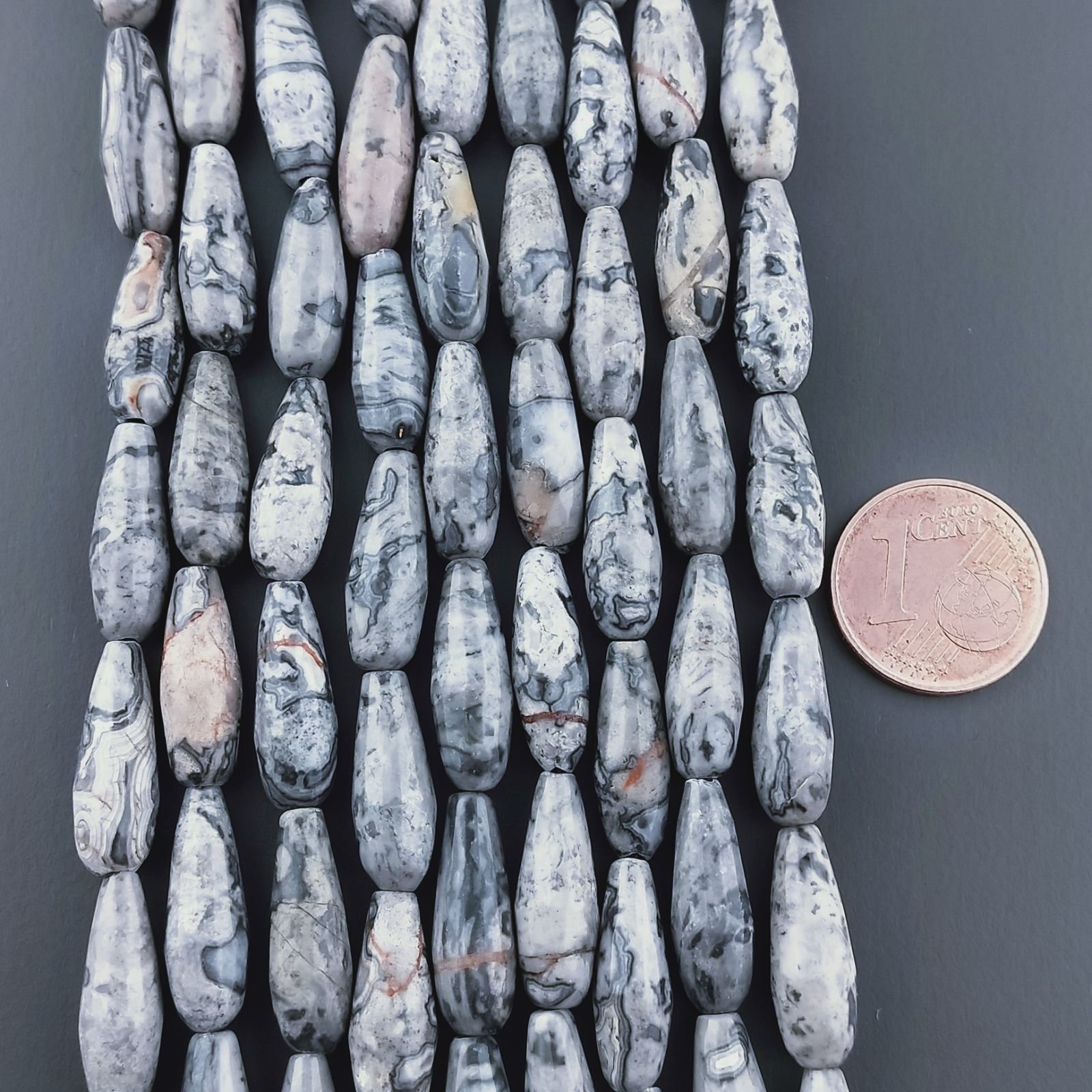 Agata Fossile Grigia Naturale Perline Forma Goccia Tondo Sfaccettato Foro Passante 16x6mm