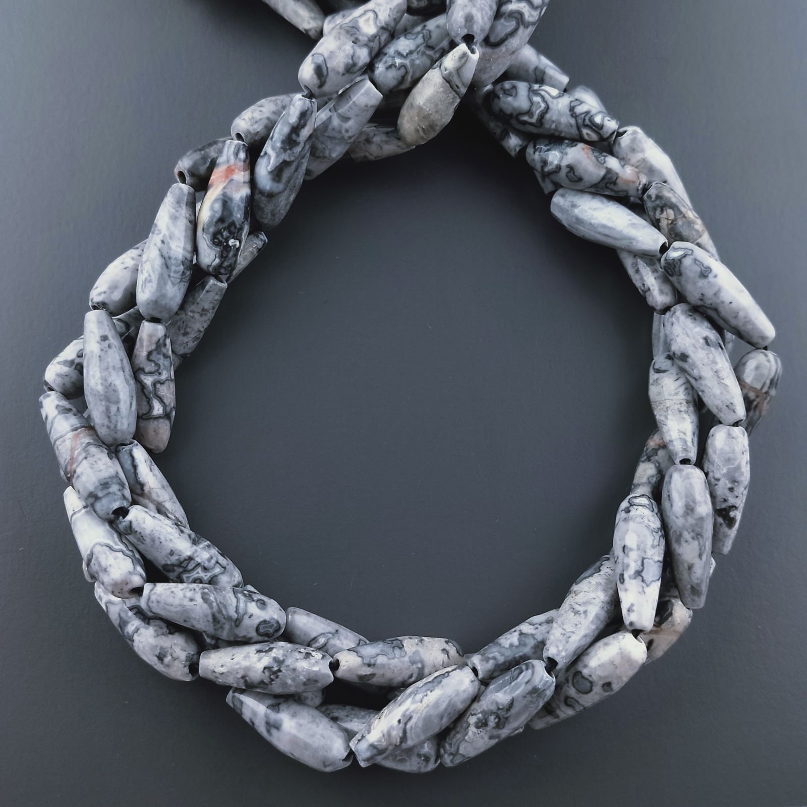 Agata Fossile Grigia Naturale Perline Forma Goccia Tondo Sfaccettato Foro Passante 16x6mm