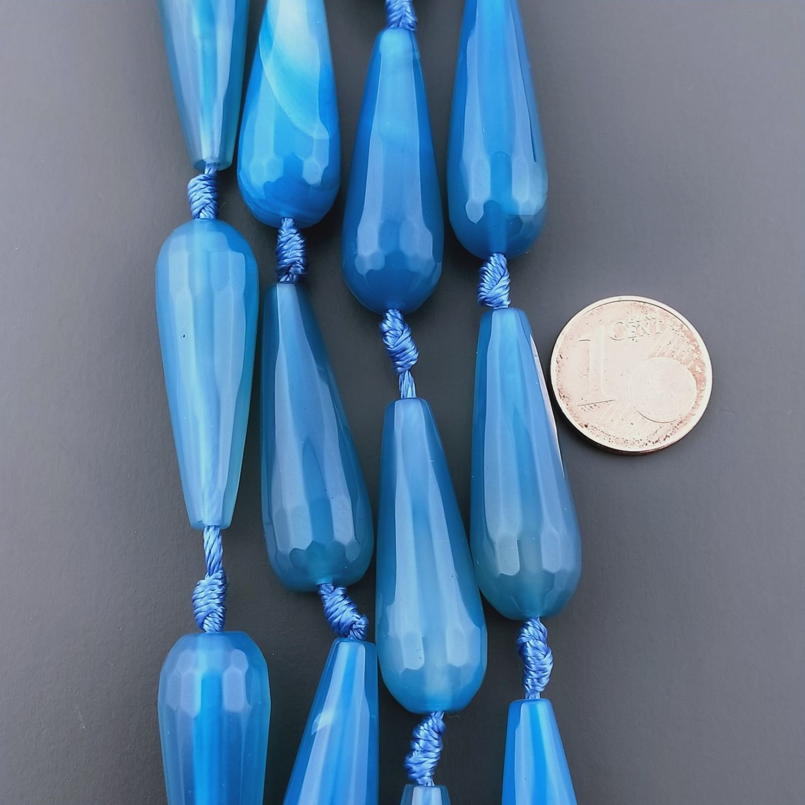 Agata Brasiliana Blu Perline Forma Goccia Tondo Sfaccettato Foro Passante 10X30mm