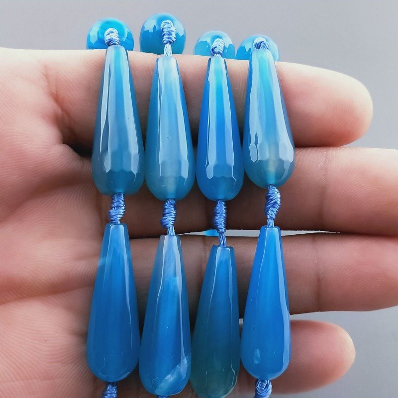 Agata Brasiliana Blu Perline Forma Goccia Tondo Sfaccettato Foro Passante 10X30mm