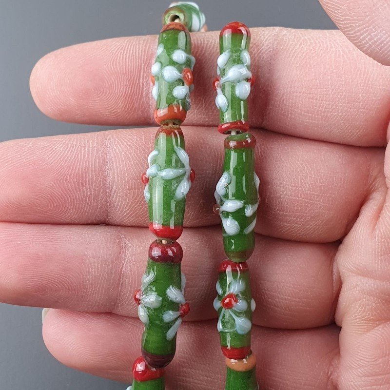 Perline in Vetro Stile Murano Verde Lavorato Fiori Bianco Rosso Liscio Foro Passante