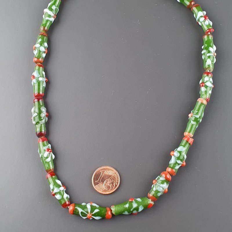 Perline in Vetro Stile Murano Verde Lavorato Fiori Bianco Rosso Liscio Foro Passante