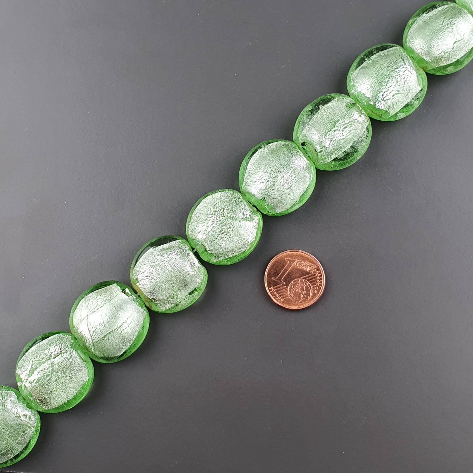 Perline in Vetro Stile Murano Verde Tondo Piatto 18X20mm Liscio Foro Passante