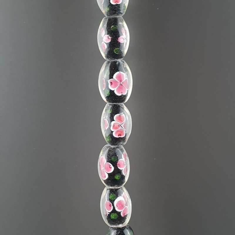 Perline in Vetro Stile Murano Fiori Disegno Forma Barilotto Liscio Foro Passante Nero 12X15mm