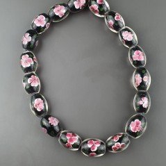Perline in Vetro Stile Murano Fiori Disegno Forma Barilotto Liscio Foro Passante Nero 12X15mm