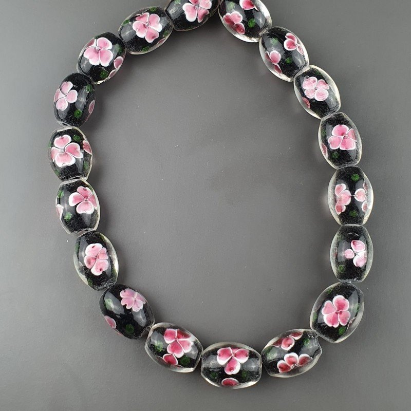 Perline in Vetro Stile Murano Fiori Disegno Forma Barilotto Liscio Foro Passante Nero 12X15mm