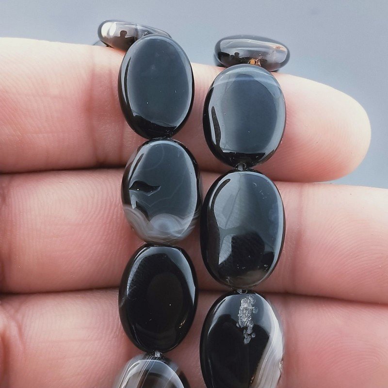 Onice Nera Naturale in Perline Forma Ovale Piatto Liscio Foro Passante 13X18mm