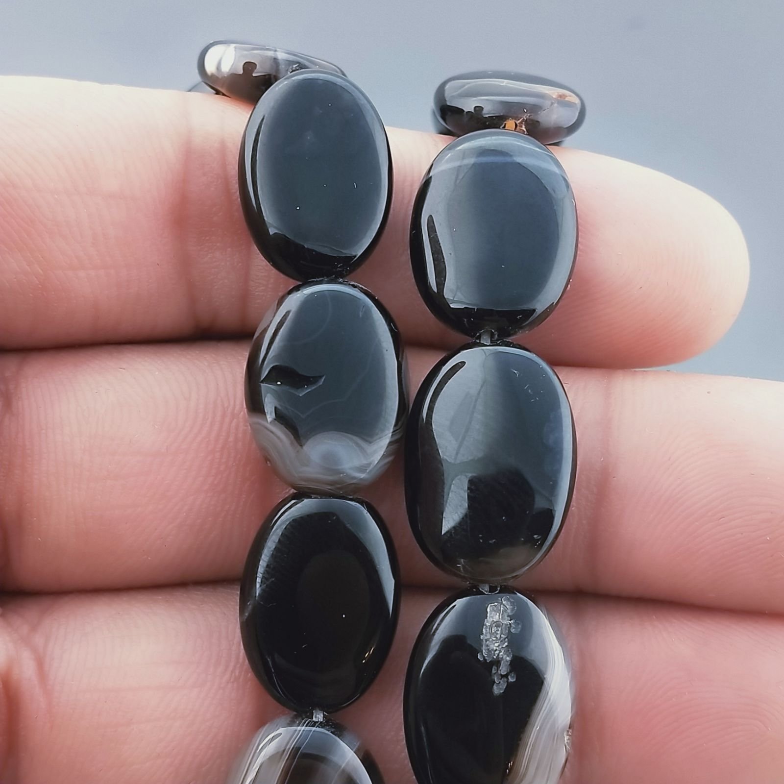 Onice Nera Naturale in Perline Forma Ovale Piatto Liscio Foro Passante 13X18mm