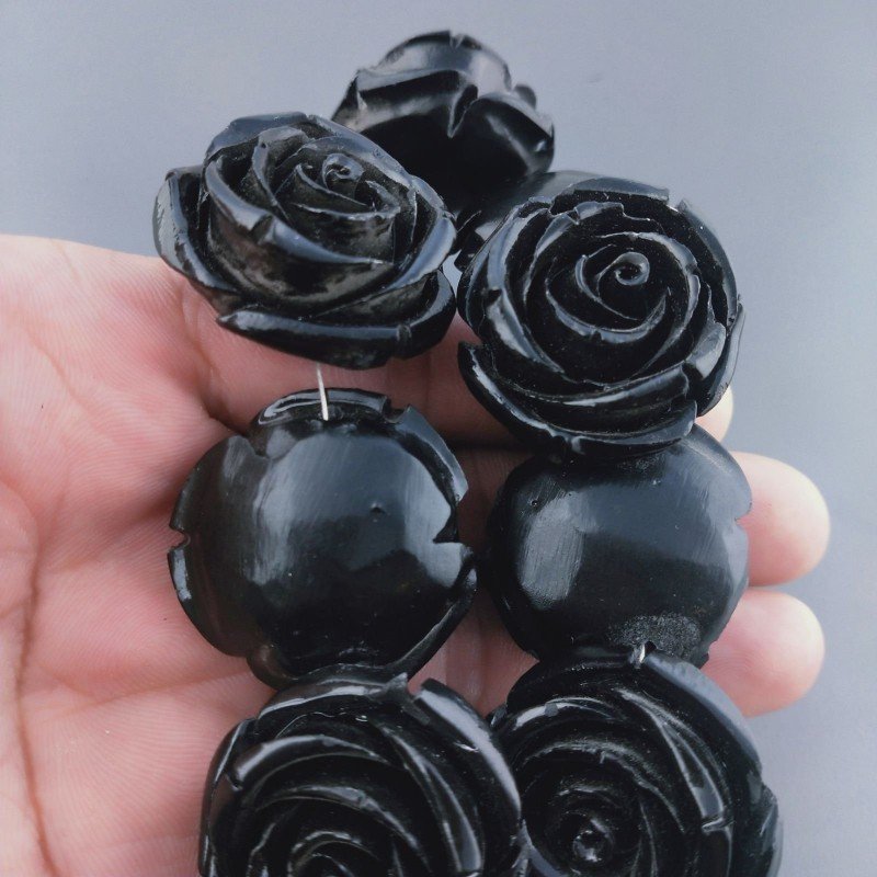 Resina Perline Nero Forma Rosa Inciso Liscio Foro Passante 32mm