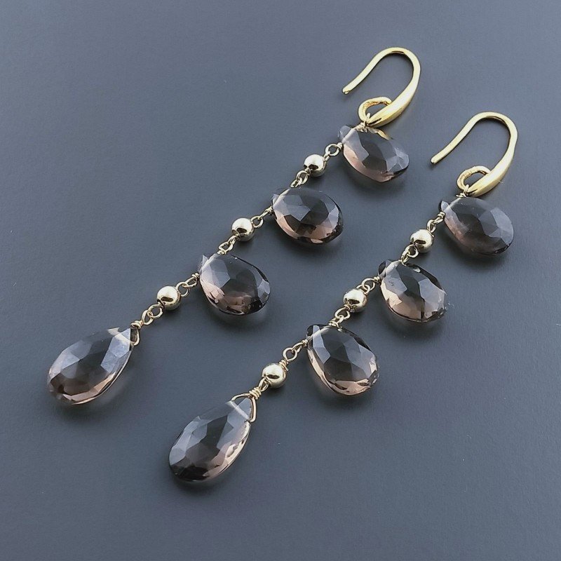 Orecchini In Argento 925 A Nodo Orafo Dorato Con Quarzo Fume Goccia Briolette Sfaccettato A Mano