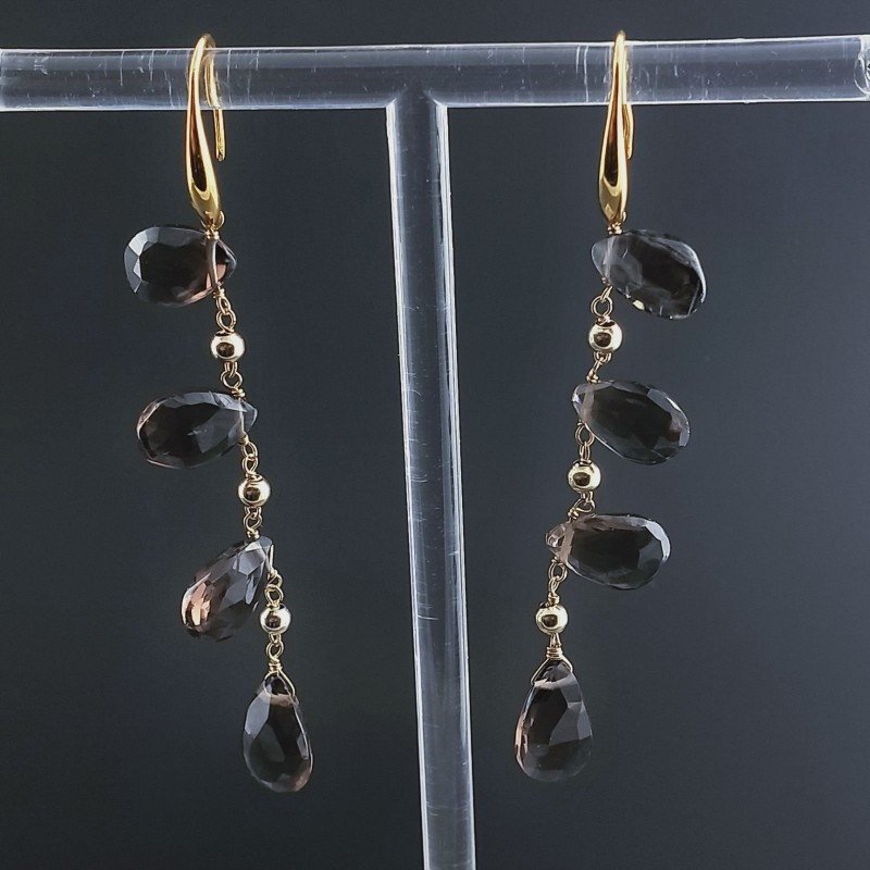 Orecchini In Argento 925 A Nodo Orafo Dorato Con Quarzo Fume Goccia Briolette Sfaccettato A Mano