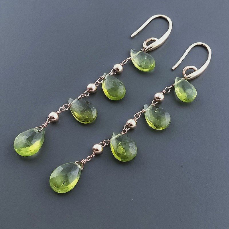 Orecchini In Argento 925 A Nodo Orafo Oro Rosa Con Olivina (Peridoto) Goccia Briolette Sfaccettato A Mano