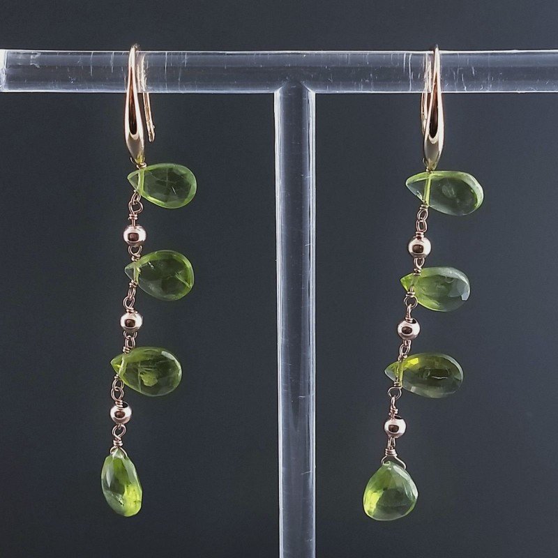 Orecchini In Argento 925 A Nodo Orafo Oro Rosa Con Olivina (Peridoto) Goccia Briolette Sfaccettato A Mano