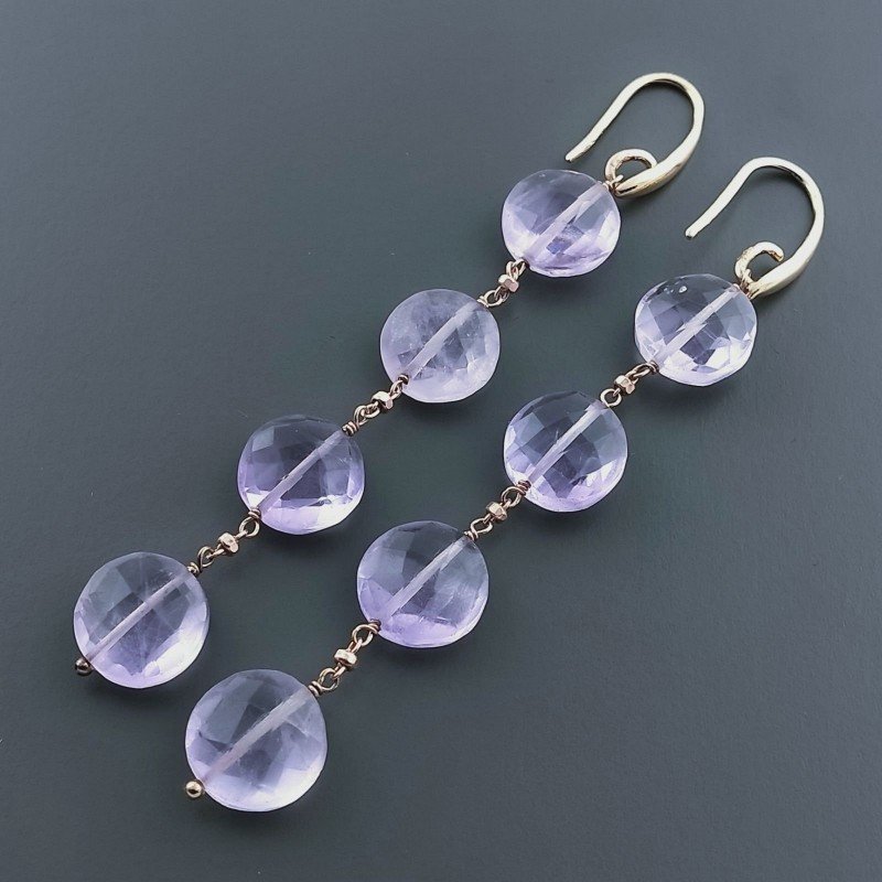 Orecchini In Argento 925 A Nodo Orafo Oro Rosa Con Ametista Rosa Di Francia Tondo Piatto Briolette Sfaccettato A Mano