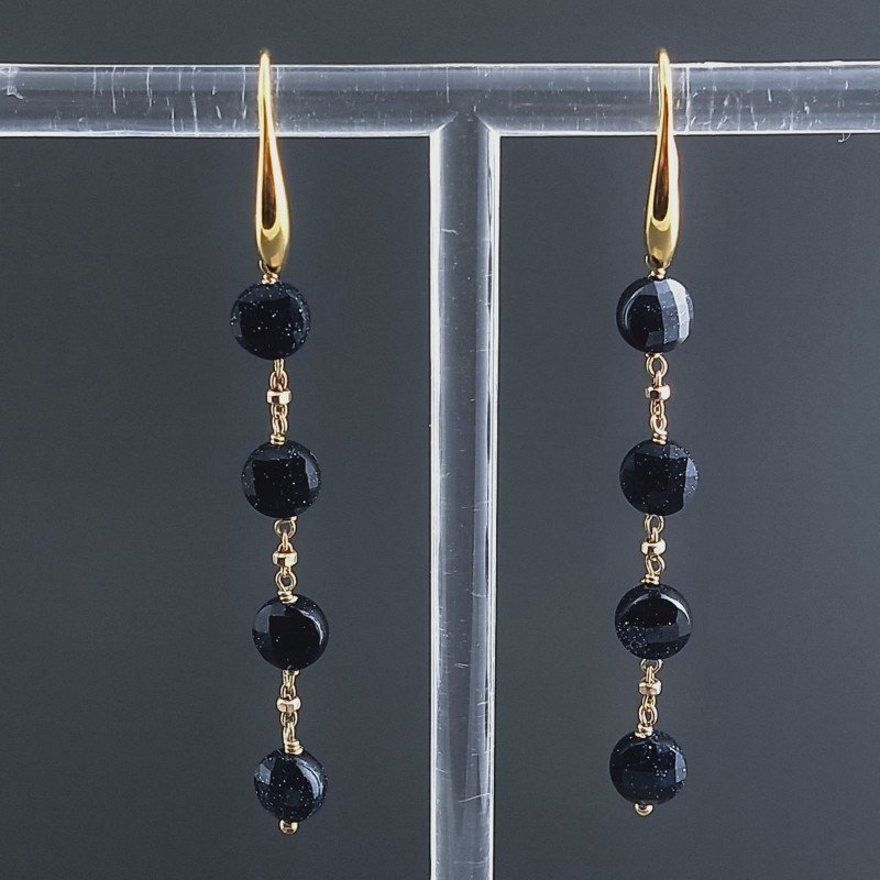 Orecchini In Argento 925 A Nodo Orafo Dorato Con Pietra Del Sole Blu Tondo Piatto Briolette Sfaccettato A Mano