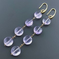 Orecchini In Argento 925 A Nodo Orafo Dorato Con Ametista Rosa Di Francia Tondo Piatto Briolette Sfaccettato A Mano