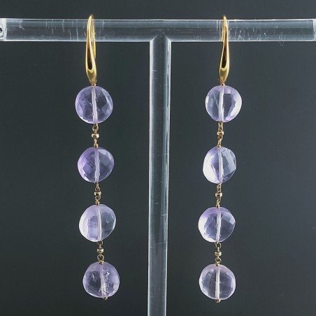 Orecchini In Argento 925 A Nodo Orafo Dorato Con Ametista Rosa Di Francia Tondo Piatto Briolette Sfaccettato A Mano