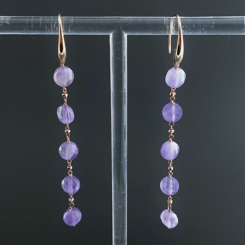 Orecchini In Argento 925 A Nodo Orafo Oro Rosa Con Ametista Brasiliana Tondo Piatto Briolette Sfaccettato A Mano