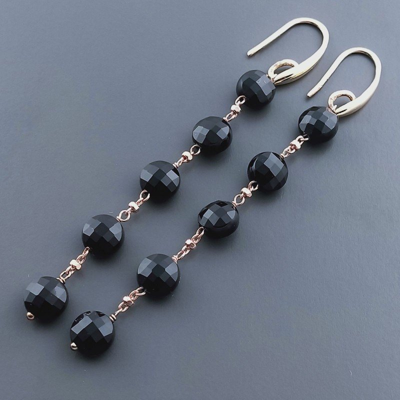 Orecchini In Argento 925 A Nodo Orafo Oro Rosa Con Onice Nera Tondo Piatto Briolette Sfaccettato A Mano