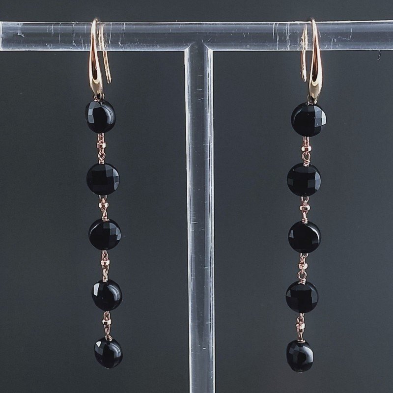 Orecchini In Argento 925 A Nodo Orafo Oro Rosa Con Onice Nera Tondo Piatto Briolette Sfaccettato A Mano