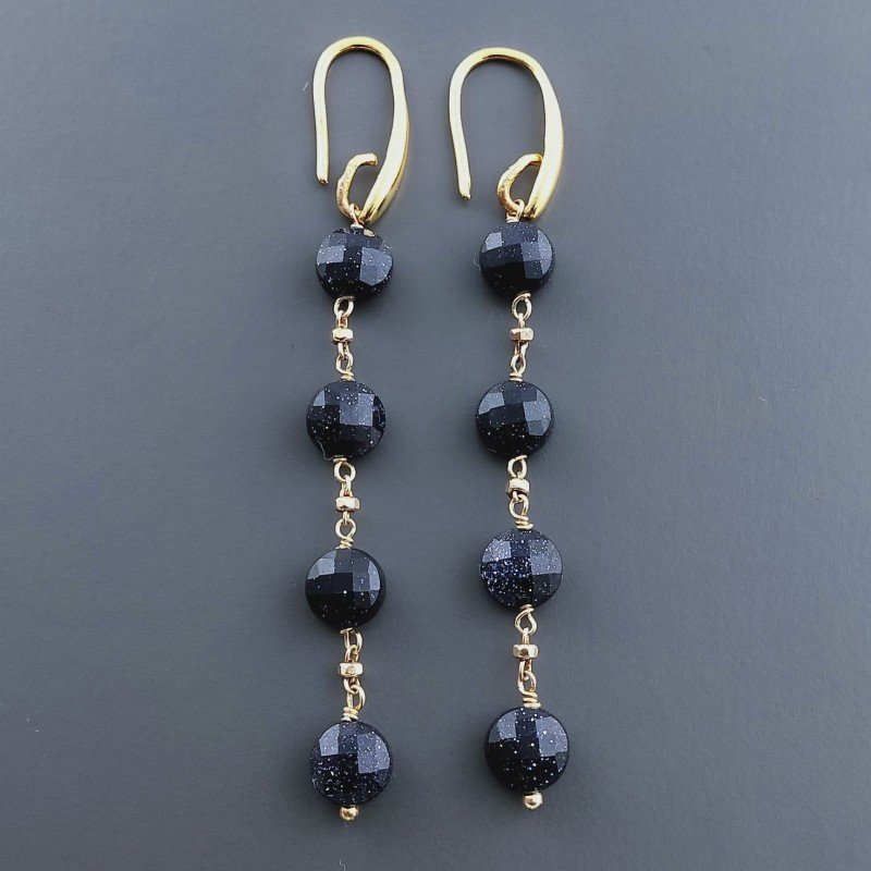Orecchini In Argento 925 A Nodo Orafo Dorato Con Pietra Del Sole Blu Tondo Piatto Briolette Sfaccettato A Mano