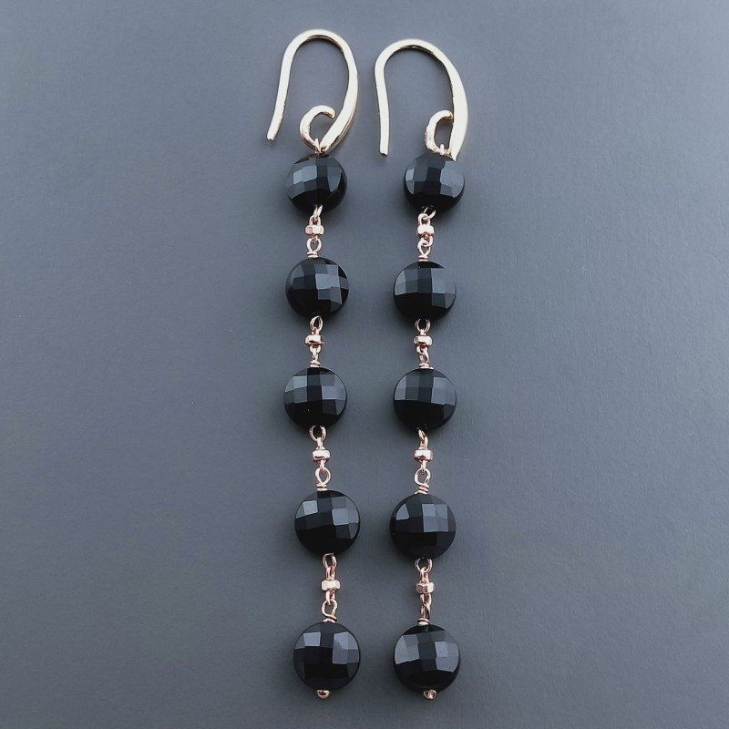 Orecchini In Argento 925 A Nodo Orafo Oro Rosa Con Onice Nera Tondo Piatto Briolette Sfaccettato A Mano