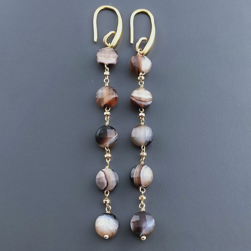 Orecchini In Argento 925 A Nodo Orafo Dorato Con Agata Marrone Striata Tondo Piatto Briolette Sfaccettato A Mano