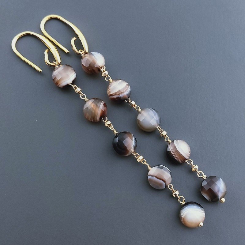 Orecchini In Argento 925 A Nodo Orafo Dorato Con Agata Marrone Striata Tondo Piatto Briolette Sfaccettato A Mano