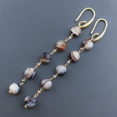 Orecchini In Argento 925 A Nodo Orafo Dorato Con Agata Marrone Striata Tondo Piatto Briolette Sfaccettato A Mano