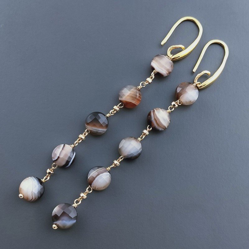 Orecchini In Argento 925 A Nodo Orafo Dorato Con Agata Marrone Striata Tondo Piatto Briolette Sfaccettato A Mano