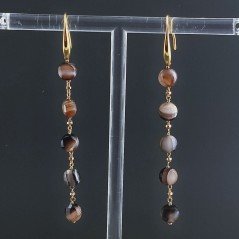 Orecchini In Argento 925 A Nodo Orafo Dorato Con Agata Marrone Striata Tondo Piatto Briolette Sfaccettato A Mano