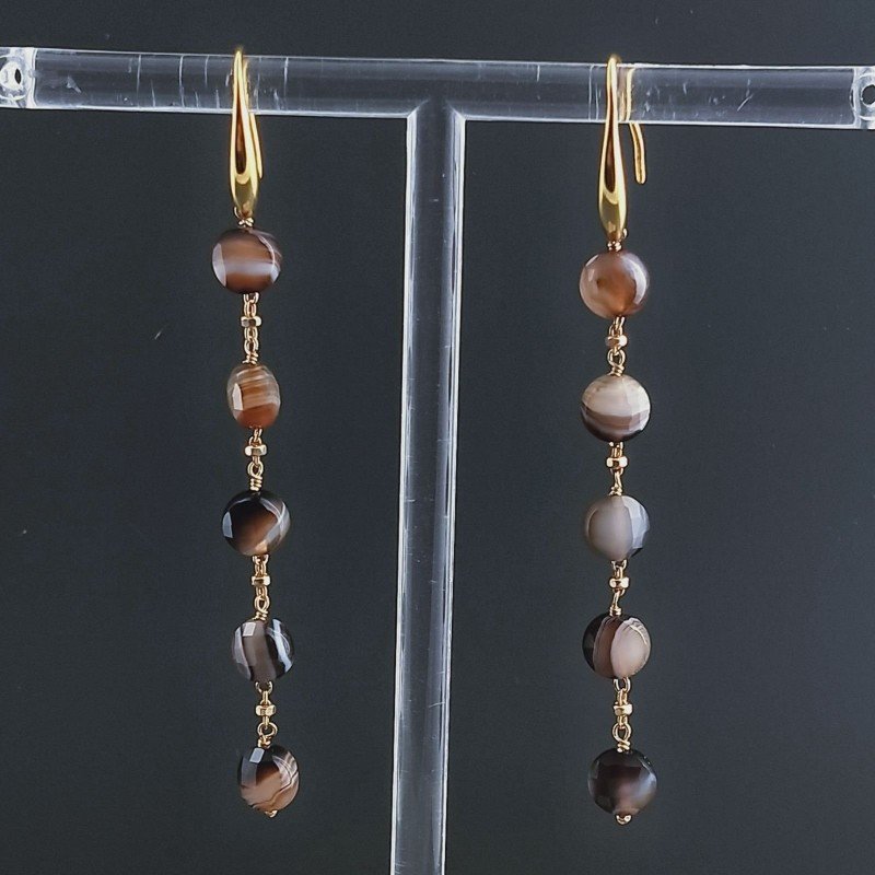 Orecchini In Argento 925 A Nodo Orafo Dorato Con Agata Marrone Striata Tondo Piatto Briolette Sfaccettato A Mano