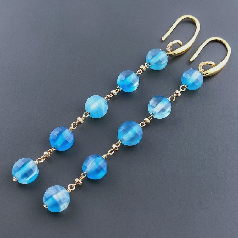Orecchini In Argento 925 A Nodo Orafo Dorato Con Agata Blu Tondo Piatto Briolette Sfaccettato A Mano
