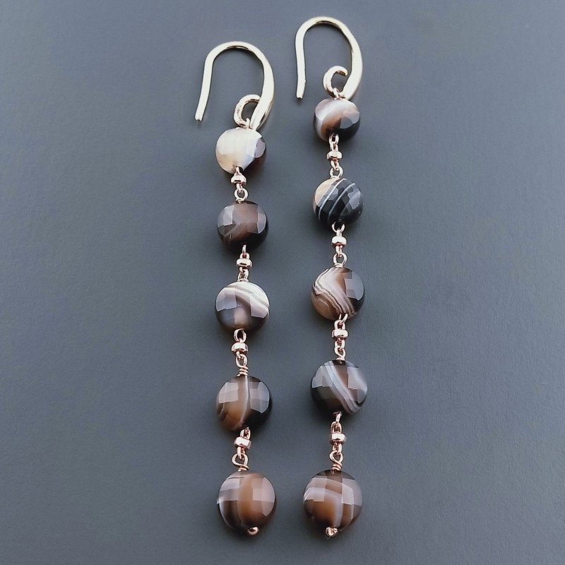 Orecchini In Argento 925 A Nodo Orafo Oro Rosa Con Agata Marrone Striata Tondo Piatto Briolette Sfaccettato A Mano