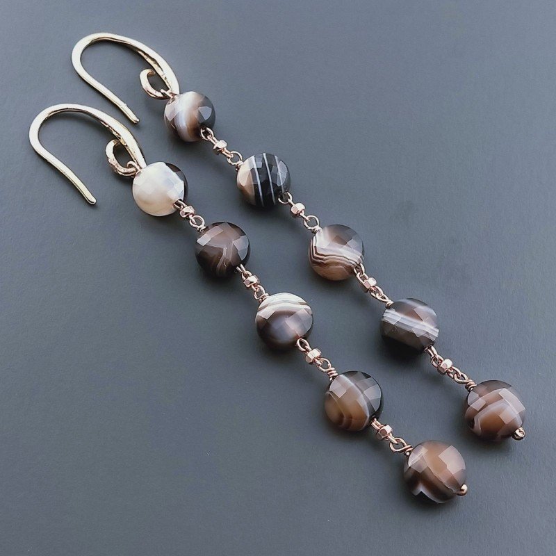 Orecchini In Argento 925 A Nodo Orafo Oro Rosa Con Agata Marrone Striata Tondo Piatto Briolette Sfaccettato A Mano