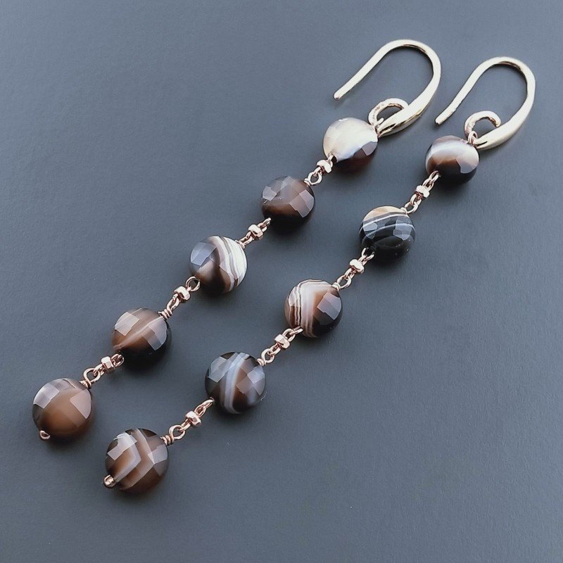 Orecchini In Argento 925 A Nodo Orafo Oro Rosa Con Agata Marrone Striata Tondo Piatto Briolette Sfaccettato A Mano