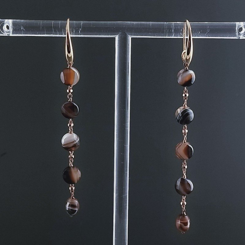 Orecchini In Argento 925 A Nodo Orafo Oro Rosa Con Agata Marrone Striata Tondo Piatto Briolette Sfaccettato A Mano