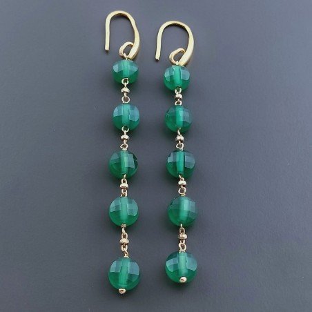Orecchini In Argento 925 A Nodo Orafo Dorato Con Onice Verde Tondo Piatto Briolette Sfaccettato A Mano