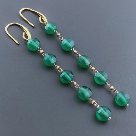 Orecchini In Argento 925 A Nodo Orafo Dorato Con Onice Verde Tondo Piatto Briolette Sfaccettato A Mano