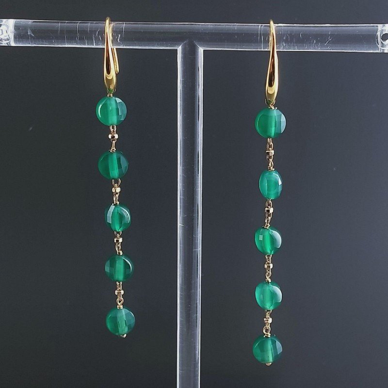 Orecchini In Argento 925 A Nodo Orafo Dorato Con Onice Verde Tondo Piatto Briolette Sfaccettato A Mano