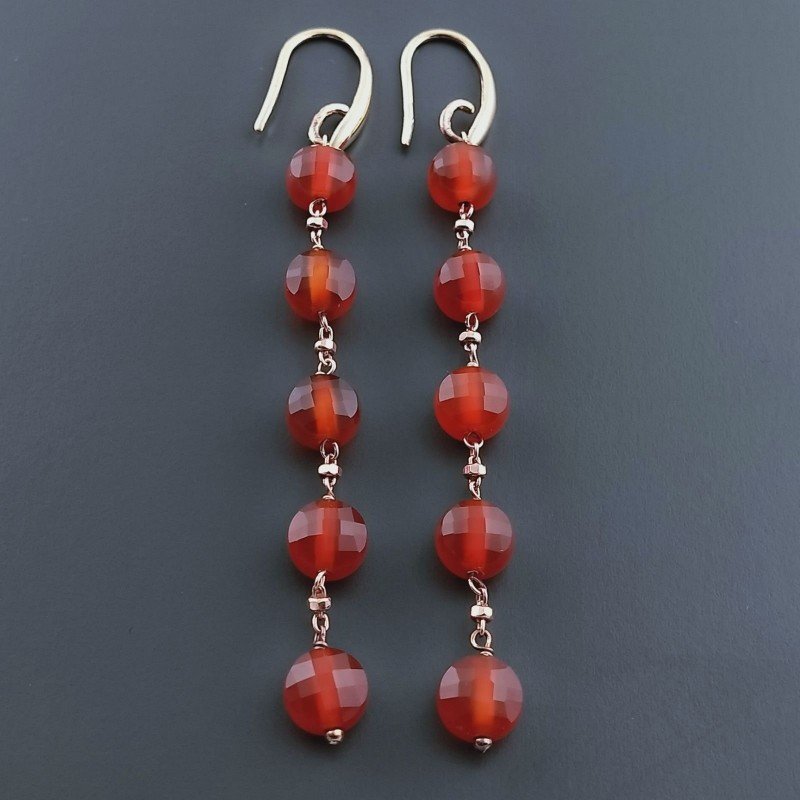 Orecchini In Argento 925 A Nodo Orafo Oro Rosa Con Corniola Rossa Tondo Piatto Briolette Sfaccettato A Mano